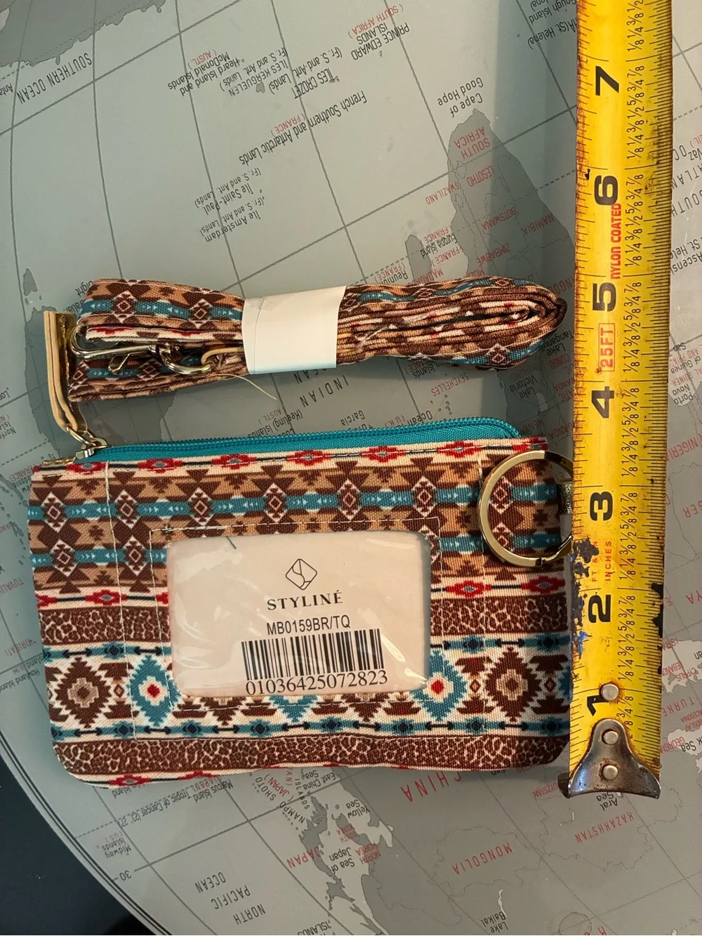 Aztec-Pattern Zip Key & Card Holder in Brown and Teal